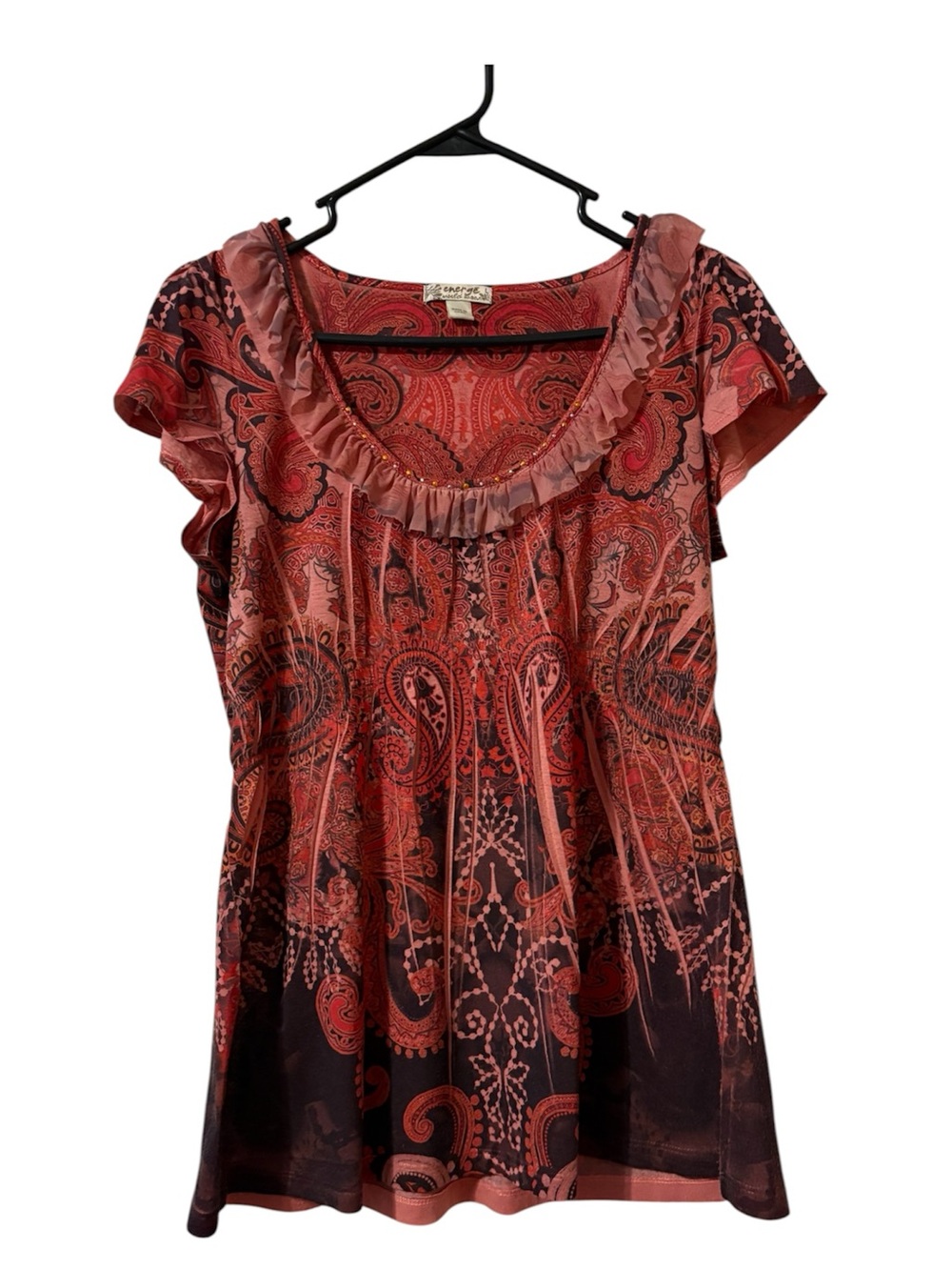 Energie Red Paisley Scoop Neck Blouse with Ruffle Trim